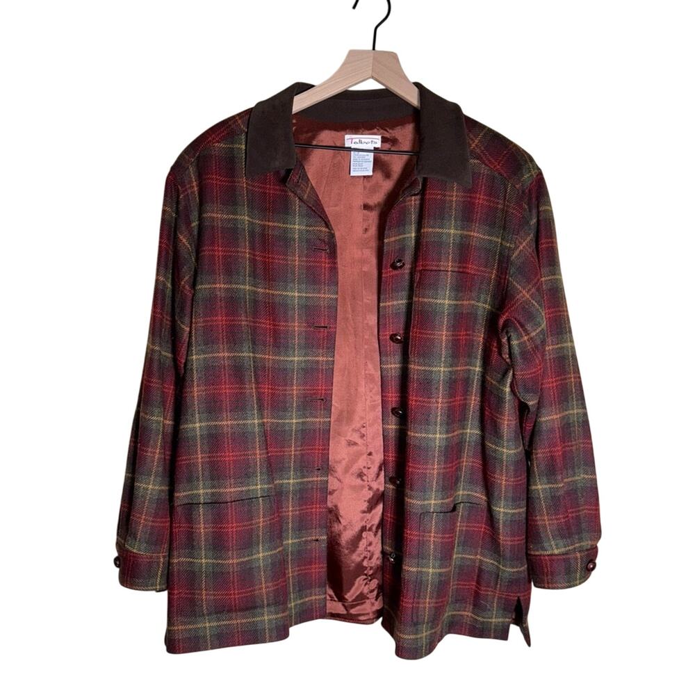 VINTAGE TALBOTS 90s wool plaid academia leather collar button up jacket L